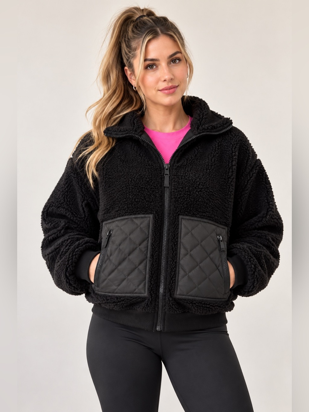 Alo Yoga Teddy Bear Sherpa Fleece Jacket – Black Quilted Zip-Up